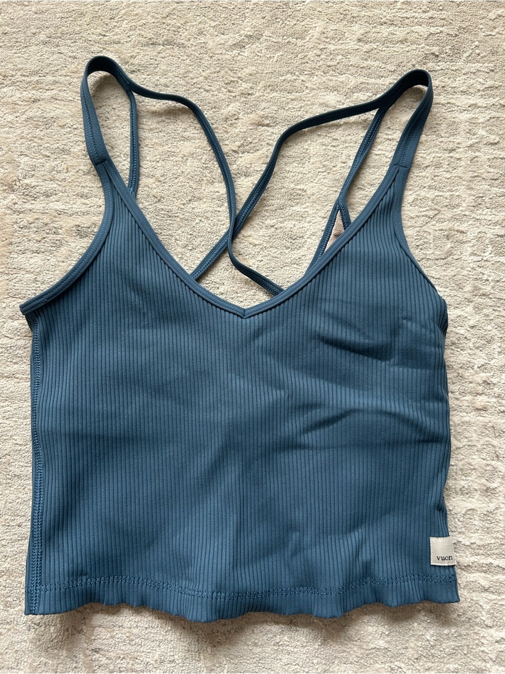 Vuori blue ribbed tank with shelf bra and x back straps